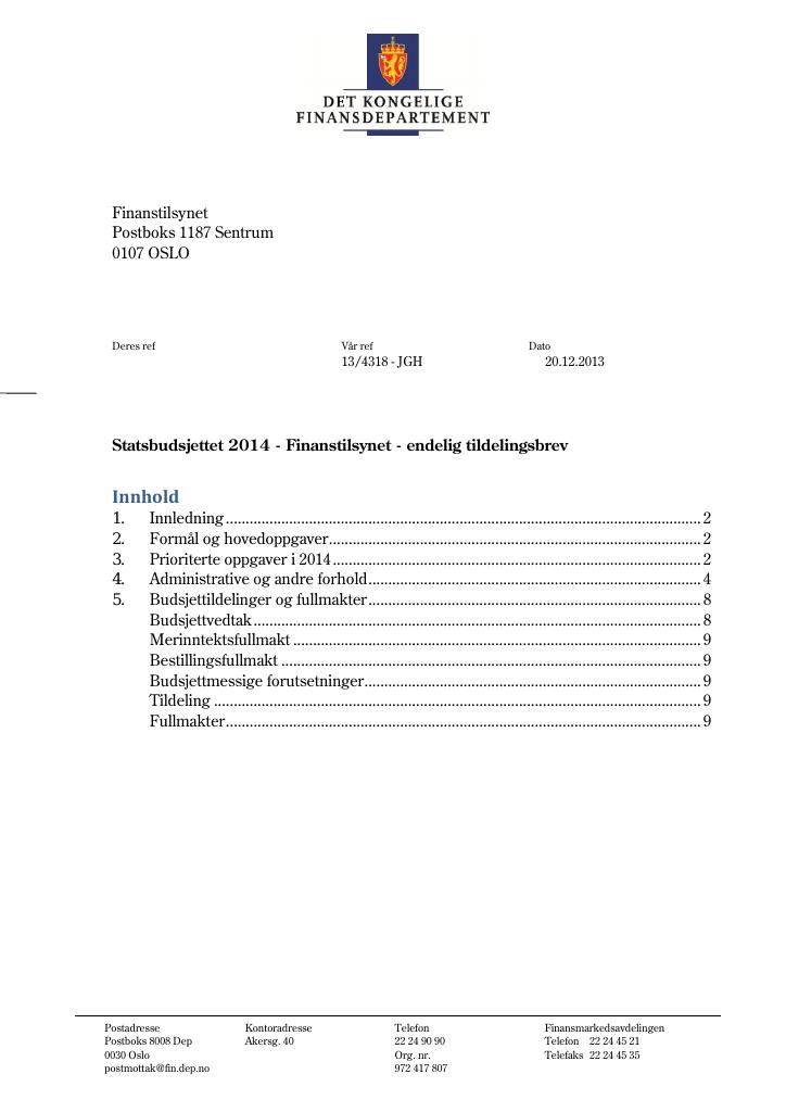 Forsiden av dokumentet Tildelingsbrev (pdf)