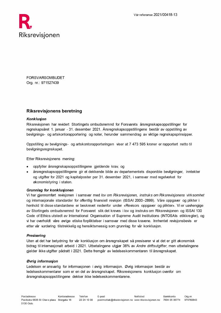 Forsiden av dokumentet Revisjonsrapport Forsvarsombudet 2021
