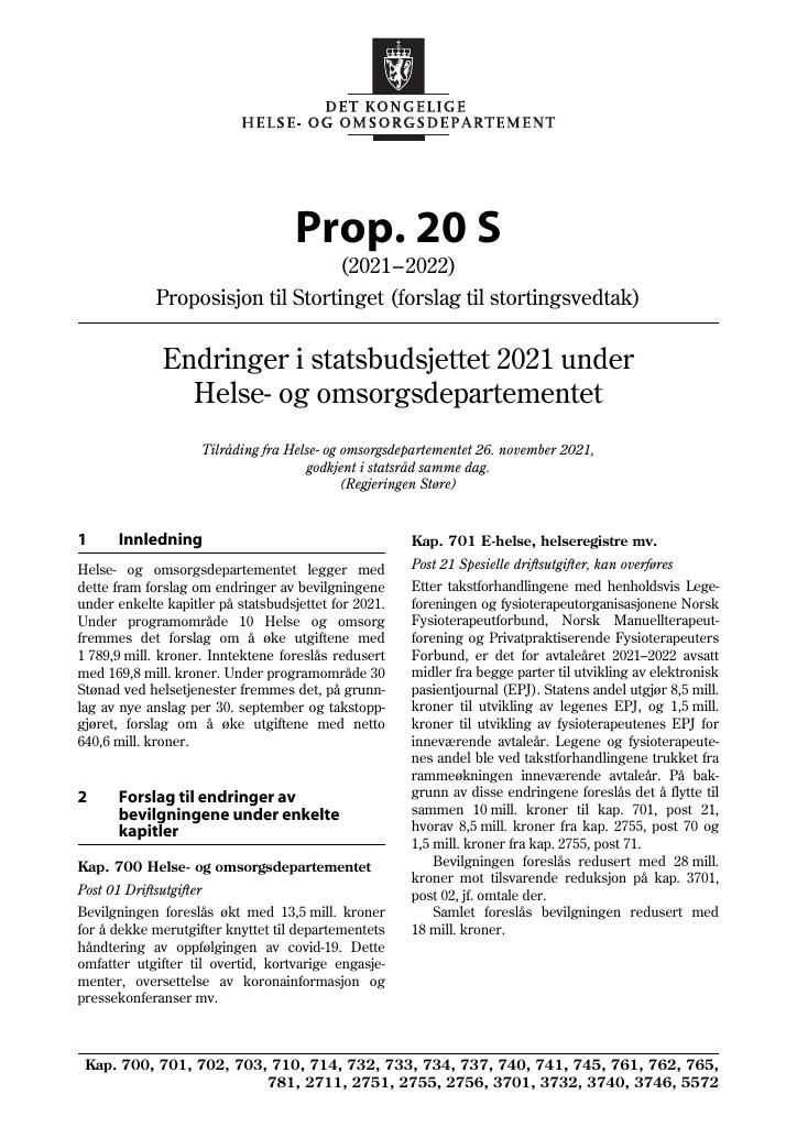 Forsiden av dokumentet Prop. 20 S (2021–2022)