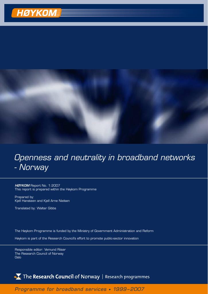 Forsiden av dokumentet Openness and neutrality in broadband networks - Norway