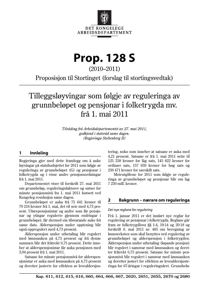 Forsiden av dokumentet Prop. 128 S (2010–2011)