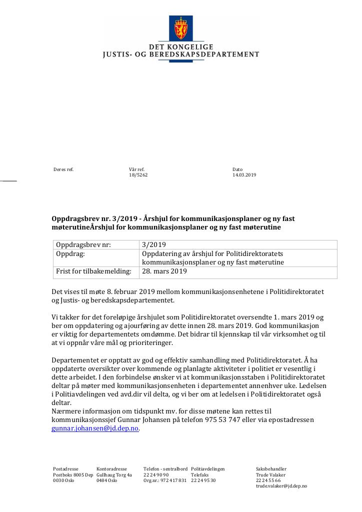 Forsiden av dokumentet Tildelingsbrev nr. 3 Politidirektoratet 2019