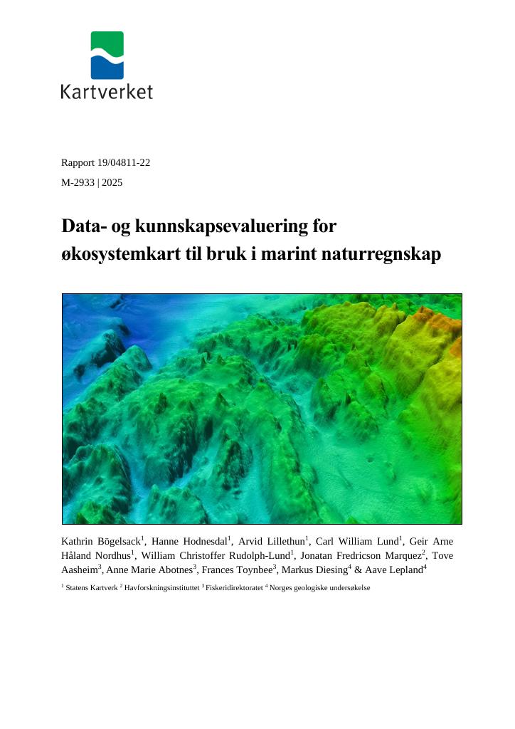 Forsiden av dokumentet Data- og kunnskapsevaluering for økosystemkart til bruk i marint naturregnskap : M-2933