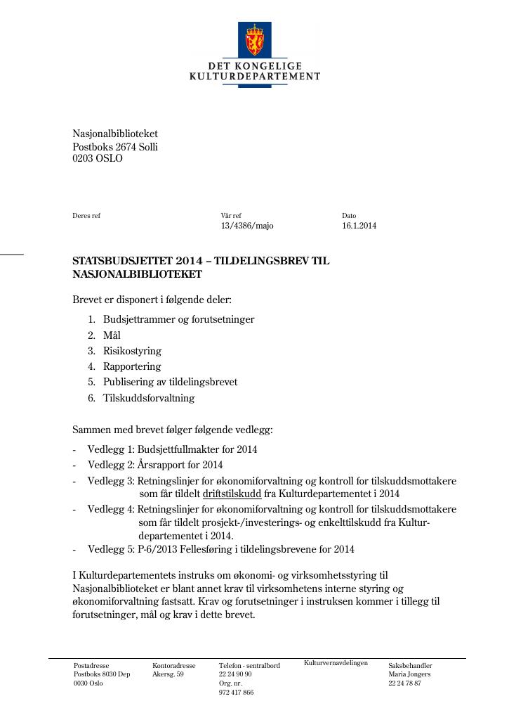Forsiden av dokumentet Tildelingsbrev (.pdf)