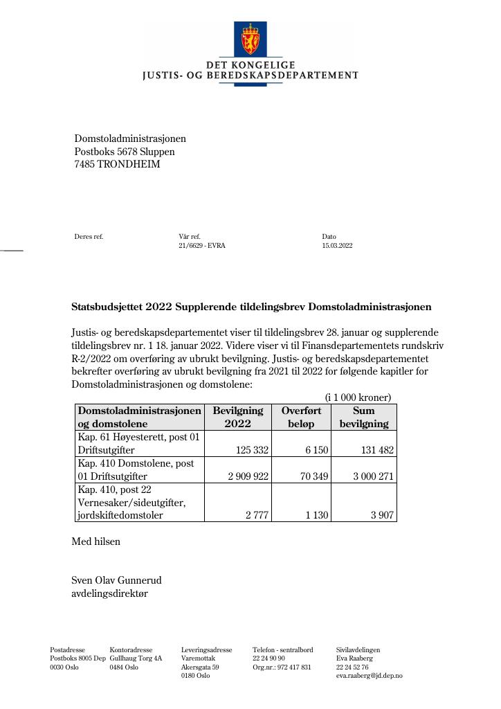 Forsiden av dokumentet Tildelingsbrev Domstoladministrasjonen 2022 - tillegg nr. 2