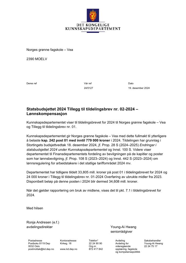 Forsiden av dokumentet Tildelingsbrev Norges grønne fagskole (Vea) 2024 - tillegg