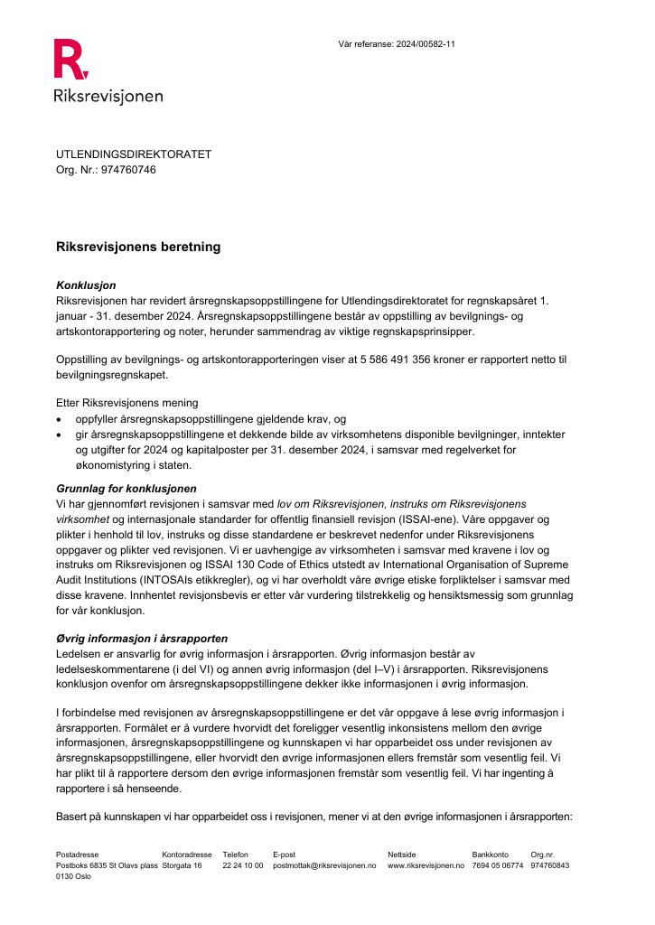 Forsiden av dokumentet Revisjonsberetning Utlendingsdirektoratet 2024