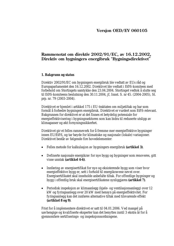 Forsiden av dokumentet Rammenotat om direktiv 2002/91/EC, av 16.12.2002, Direktiv om bygningers energibruk "Bygningsdirektivet"