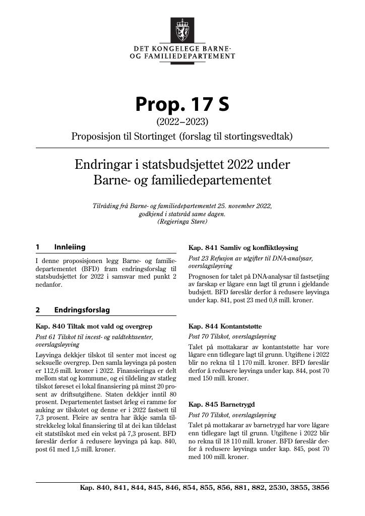 Forsiden av dokumentet Prop. 17 S (2022–2023)