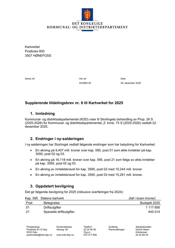 Forsiden av dokumentet Tildelingsbrev Kartverket 2025 - tillegg nr. 6