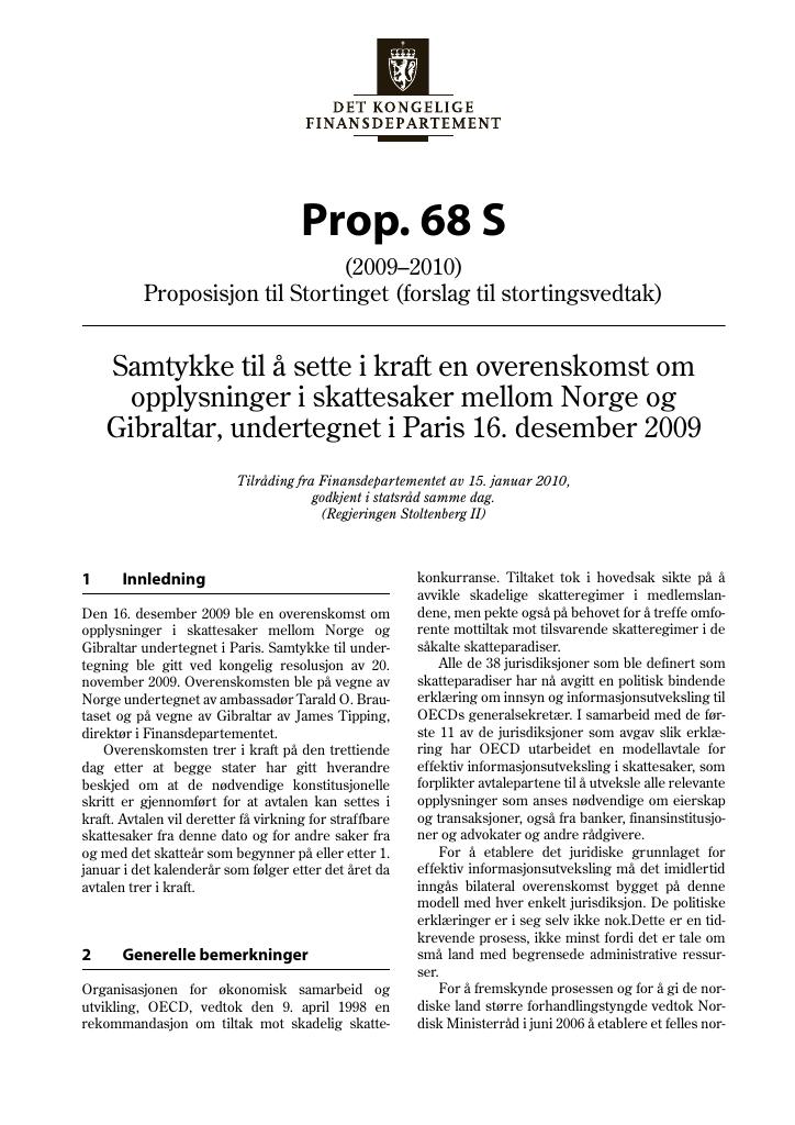 Forsiden av dokumentet Prop. 68 S (2009–2010)