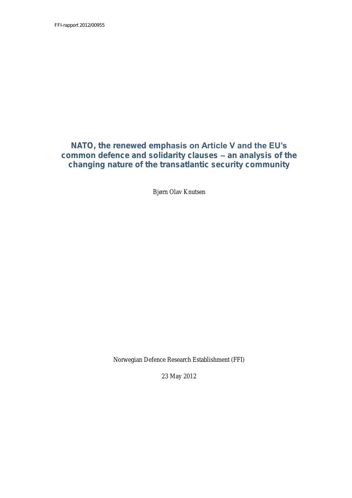 Forsiden av dokumentet NATO, the renewed emphasis on Article V and the EU's common defence and solidarity clauses - an analysis of the changing nature of the transatlantic security community