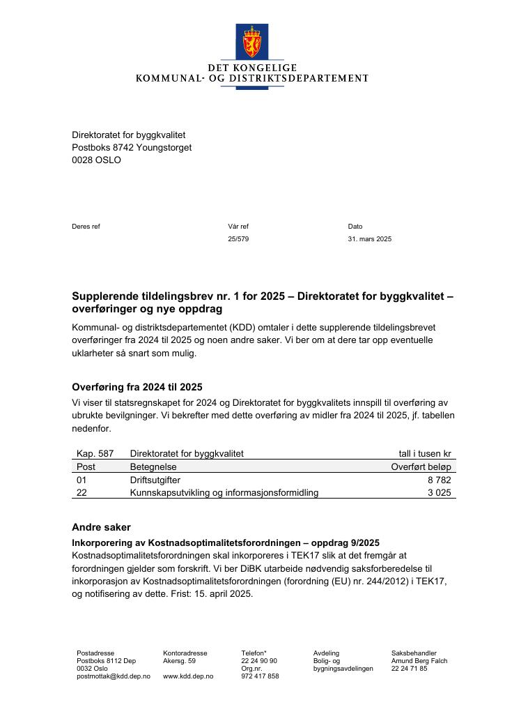 Forsiden av dokumentet Tildelingsbrev Direktoratet for byggkvalitet 2025 - tillegg nr. 1