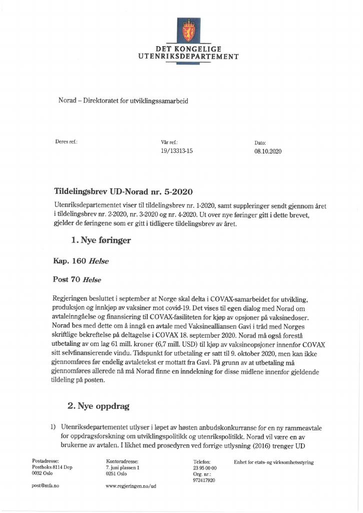 Forsiden av dokumentet Tildelingsbrev Norad 2020 - tillegg nr. 5