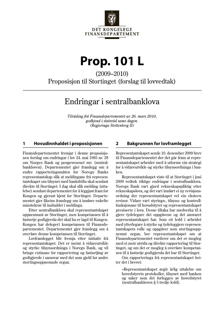 Forsiden av dokumentet Prop. 101 L (2009–2010)