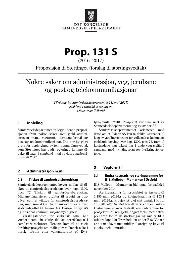 Forsiden av dokumentet Prop. 131 S (2016–2017)