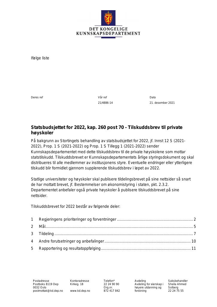 Forsiden av dokumentet Tilskuddsbrev til private høyskoler 2022