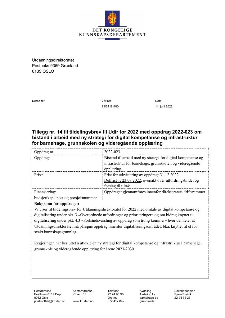 Forsiden av dokumentet Tildelingsbrev Utdanningsdirektoratet 2022 - tillegg nr. 14