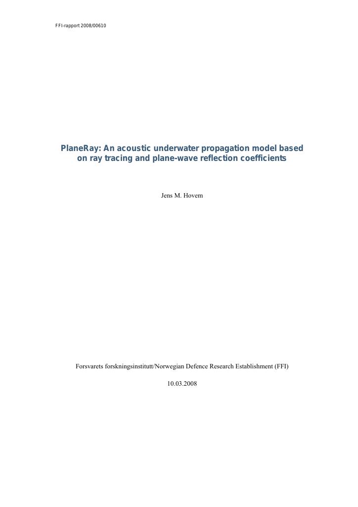 Forsiden av dokumentet PlaneRay: an acoustic underwater propagation model based on ray tracing and plane-wave reflection coefficients