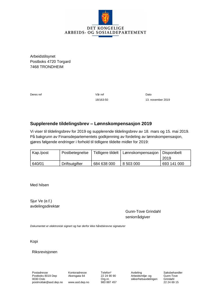 Forsiden av dokumentet Supplerende tildelingsbrev nr. 5 Arbeidstilsynet 2019