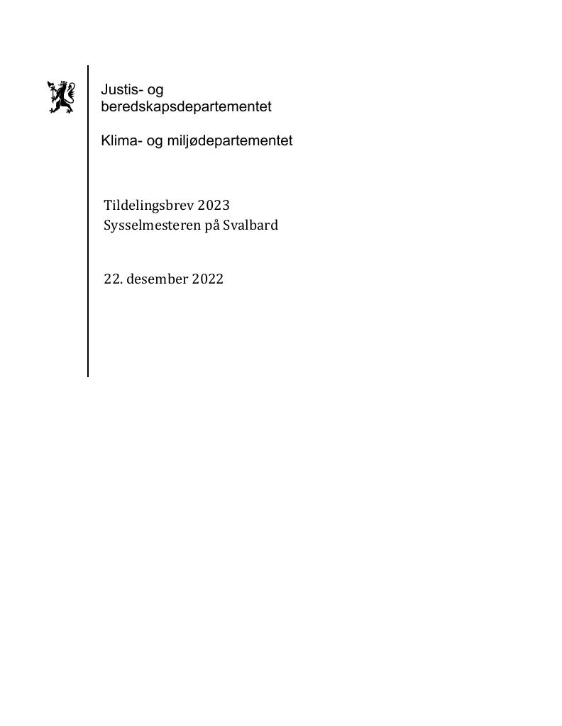 Forsiden av dokumentet Tildelingsbrev Sysselmesteren Svalbard 2023