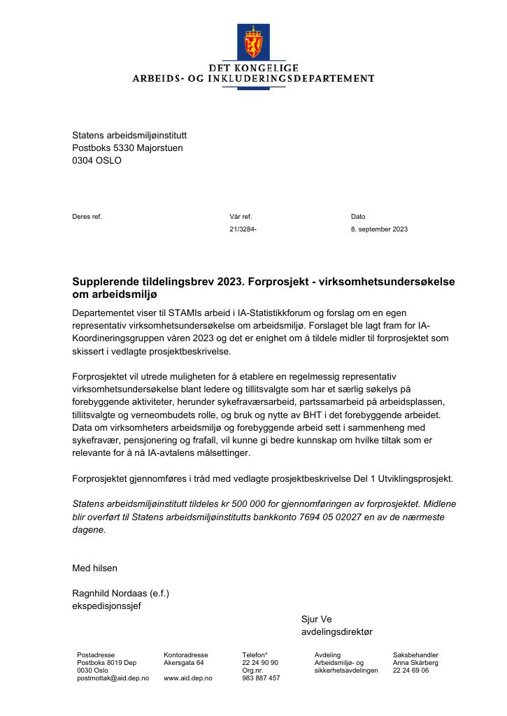 Forsiden av dokumentet Tildelingsbrev Statens arbeidsmiljøinstitutt (STAMI) 2023 - tillegg