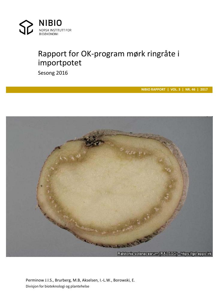 Forsiden av dokumentet Rapport for OK-program mørk ringråte i importpotet : sesong 2016