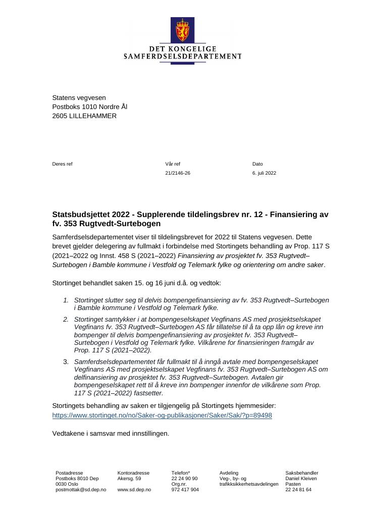 Forsiden av dokumentet Tildelingsbrev Statens vegvesen 2022 - tillegg nr. 12
