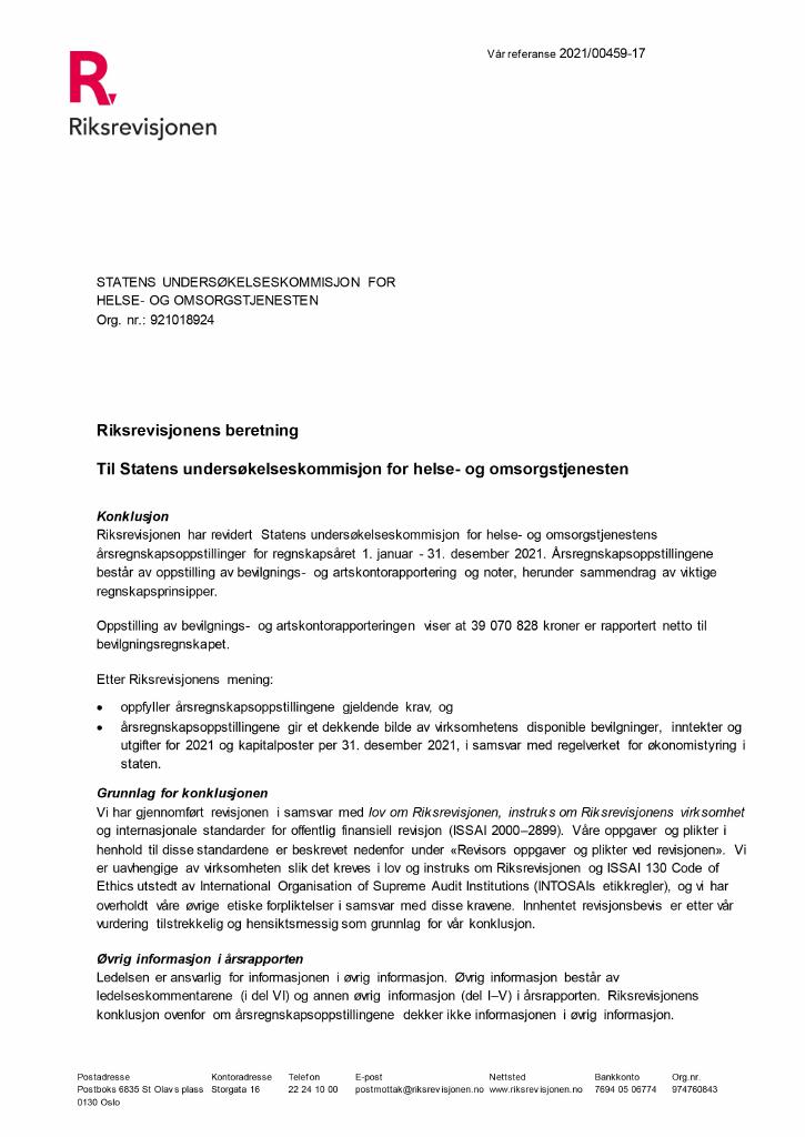Forsiden av dokumentet Revisjonsberetning Statens undersøkelseskommisjon for helse- og omsorgstjenesten (Ukom) 2021