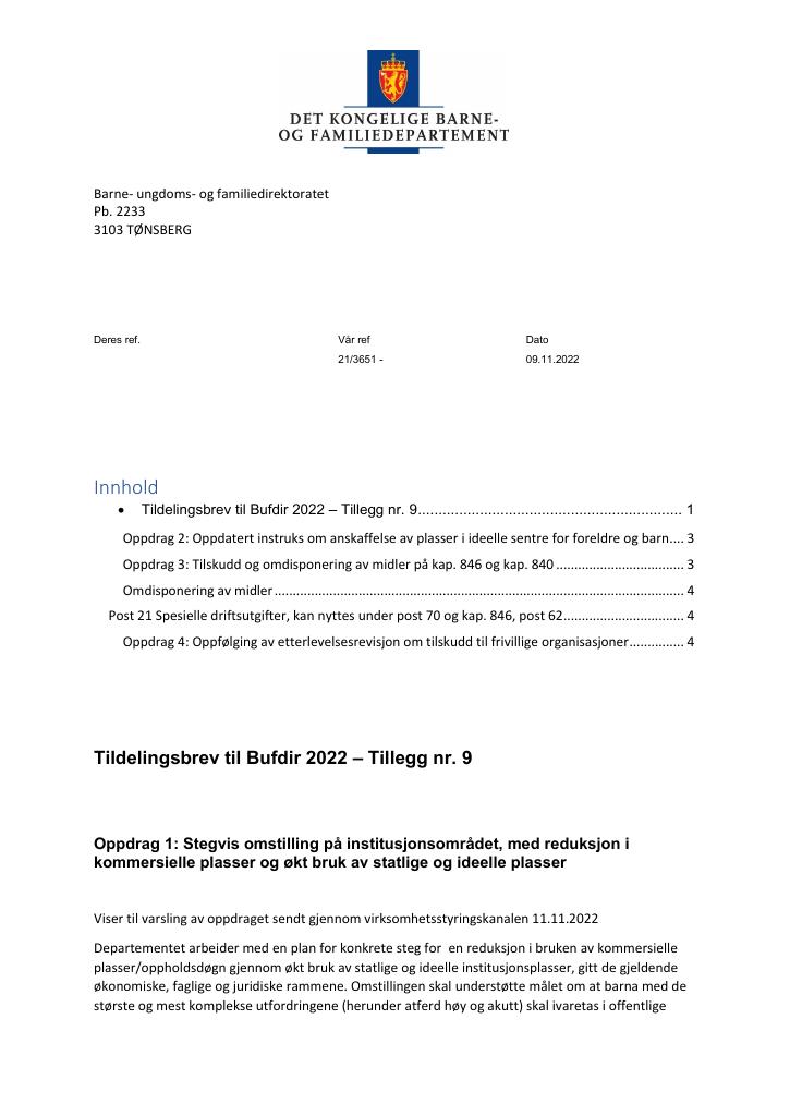 Forsiden av dokumentet Tildelingsbrev Bufdir 2022 - tillegg nr. 9