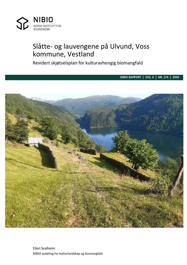 Forsiden av dokumentet Slåtte- og lauvengene på Ulvund, Voss kommune, Vestland : revidert skjøtselsplan for kulturavhengig biomangfald