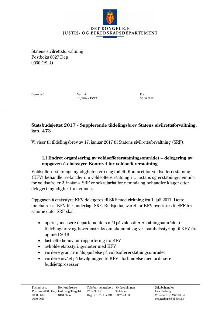Forsiden av dokumentet Supplerende tildelingsbrev (PDF)