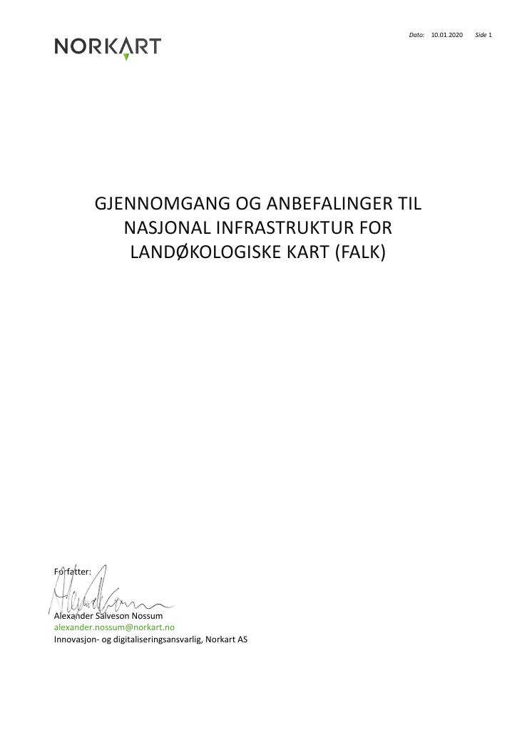 Forsiden av dokumentet Gjennomgang og anbefalinger til nasjonal infrastruktur for landøkologiske kart (falk)