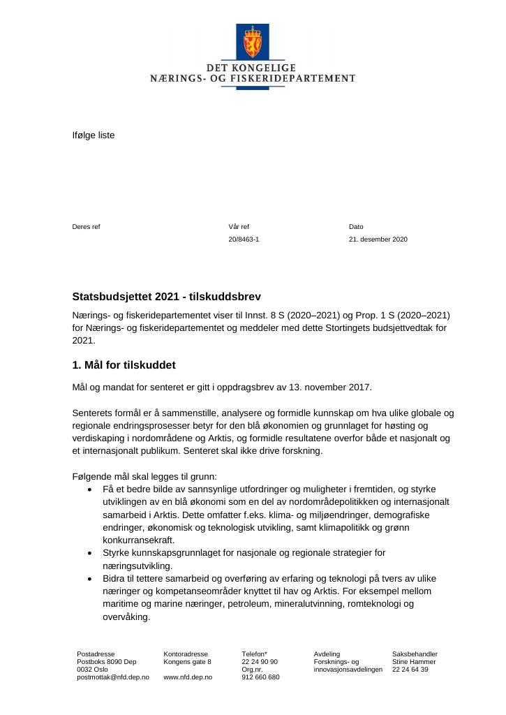 Forsiden av dokumentet Tilskuddsbrev
