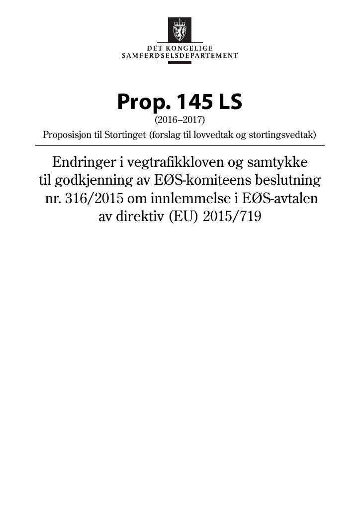 Forsiden av dokumentet Prop. 145 LS (2016–2017)