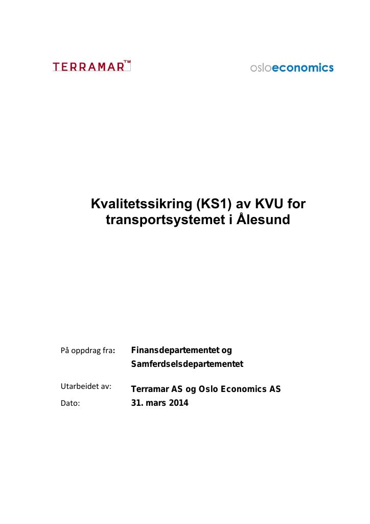 Forsiden av dokumentet Kvalitetssikring (KS1) av KVU for transportsystemet i Ålesund
