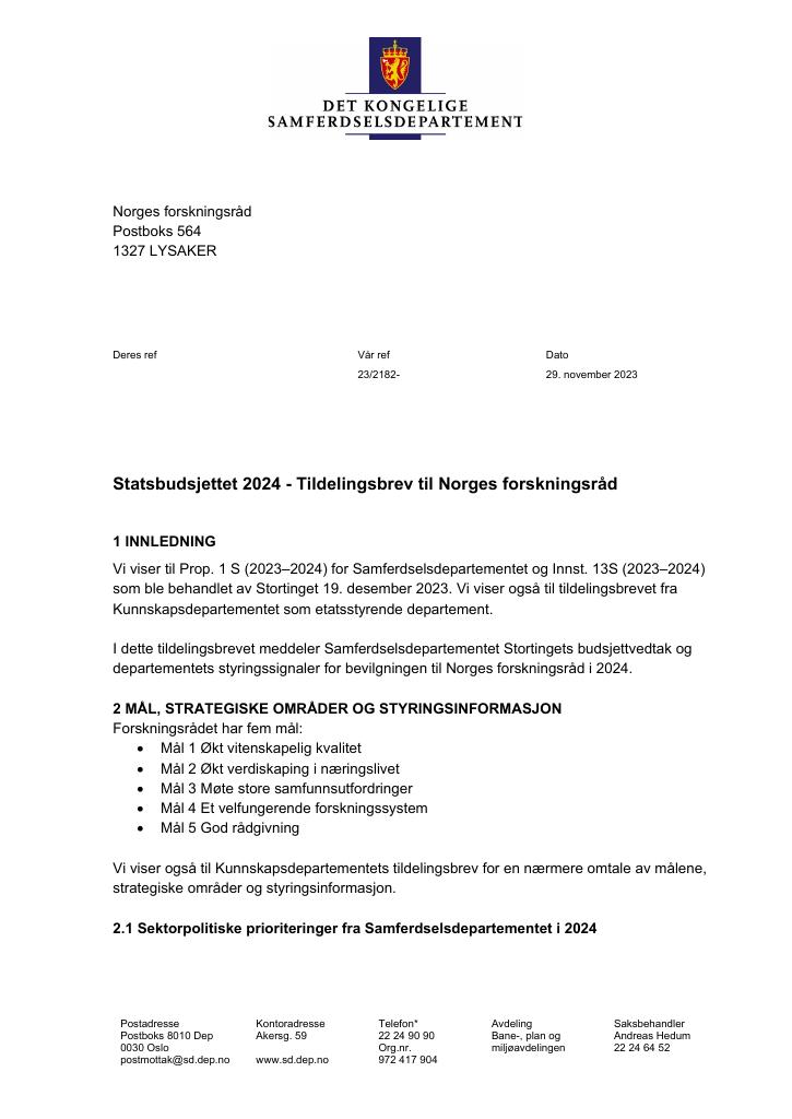 Forsiden av dokumentet Tildelingsbrev Norges forskningsråd 2024