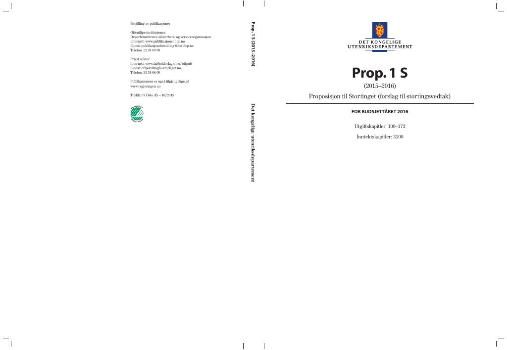 Forsiden av dokumentet Prop. 1 S (2015–2016)