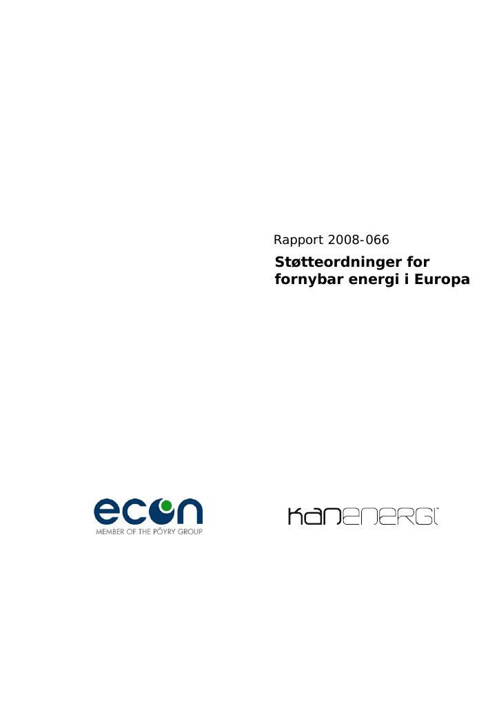 Forsiden av dokumentet Støtteordninger for fornybar energi i Europa