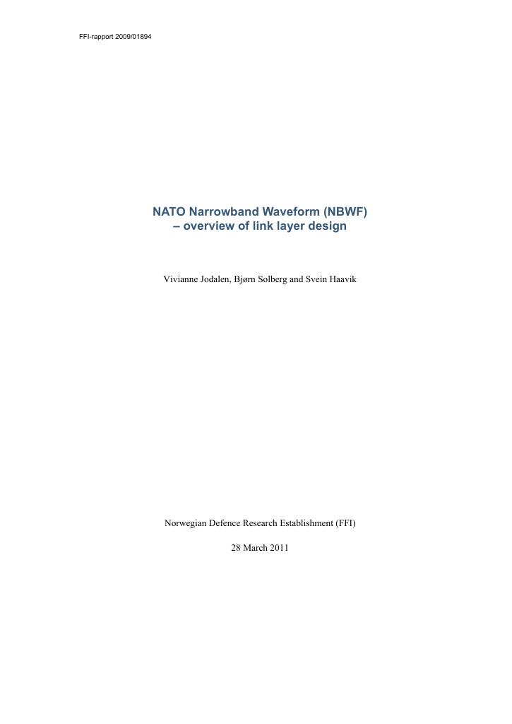 Forsiden av dokumentet NATO Narrowband Waveform (NBWF) - overview of link layer design