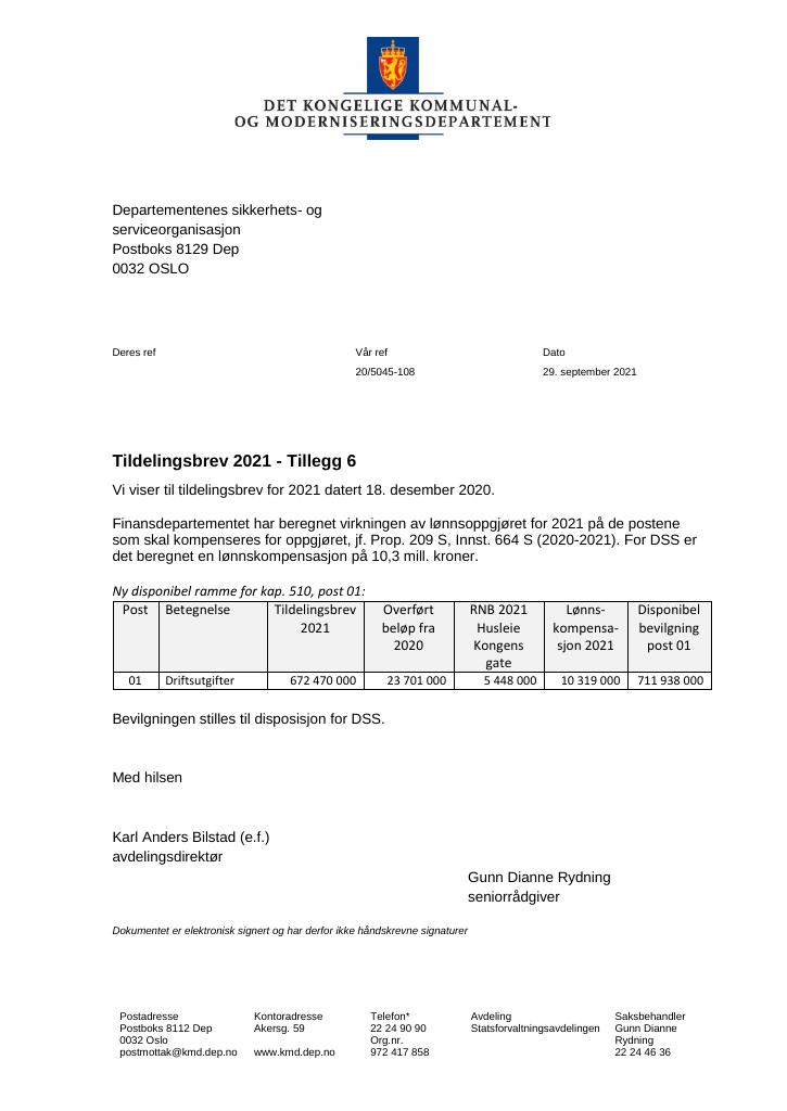 Forsiden av dokumentet Tildelingsbrev Departementenes sikkerhets- og serviceorganisasjon 2021 - tillegg nr. 6