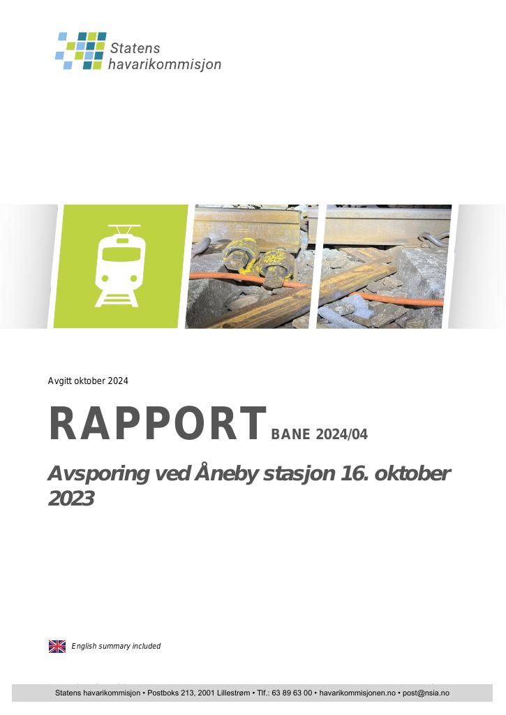 Forsiden av dokumentet Rapport om avsporing ved Åneby stasjon 16. oktober 2023