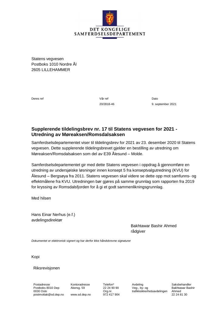 Forsiden av dokumentet Tildelingsbrev Statens vegvesen 2021 - tillegg nr. 17