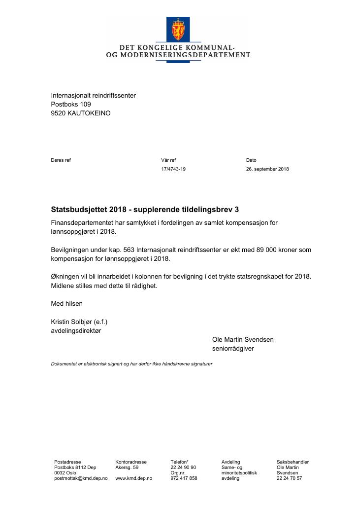 Forsiden av dokumentet Supplerende tildelingsbrev nr. 3 Internasjonalt reindriftssenter 2018