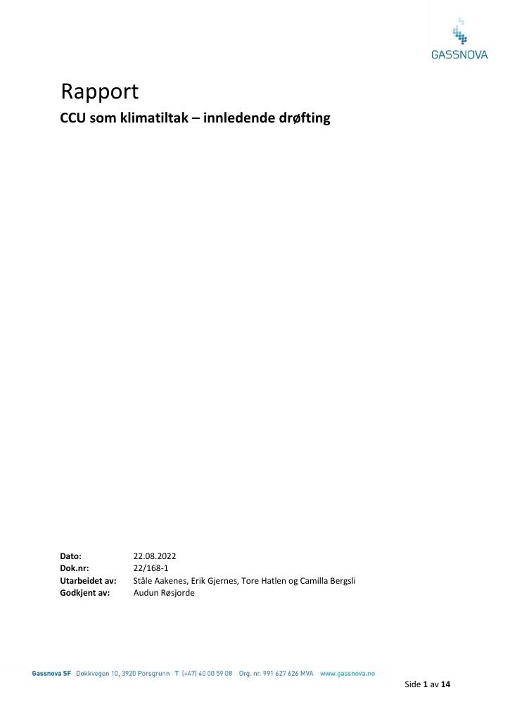 Forsiden av dokumentet CCU som klimatiltak – innledende drøfting