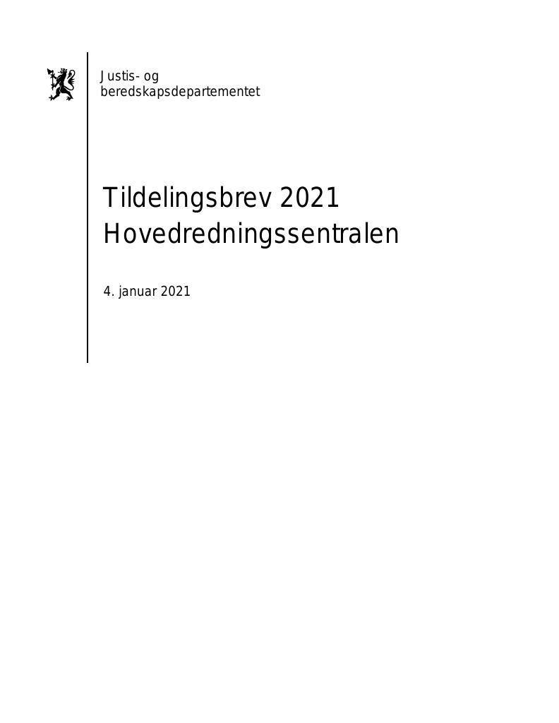 Forsiden av dokumentet Tildelingsbrev Hovedredningssentralen 2021