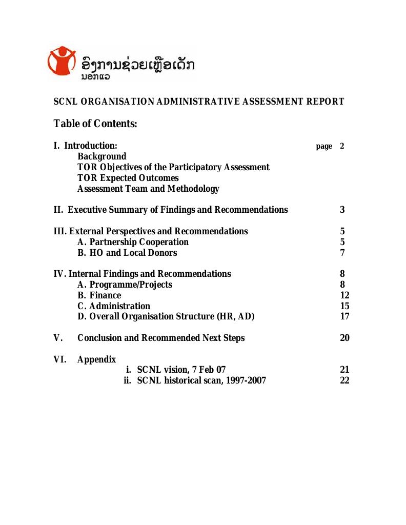 Forsiden av dokumentet SCNL Organisation Administrative Assessment Report