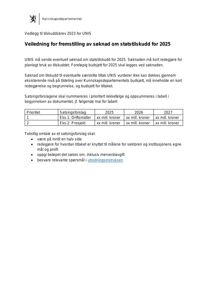 Forsiden av dokumentet Vedlegg til tilskuddsbrev 2023 for UNIS: Veiledning for fremstilling av søknad om statstilskudd for 2025
