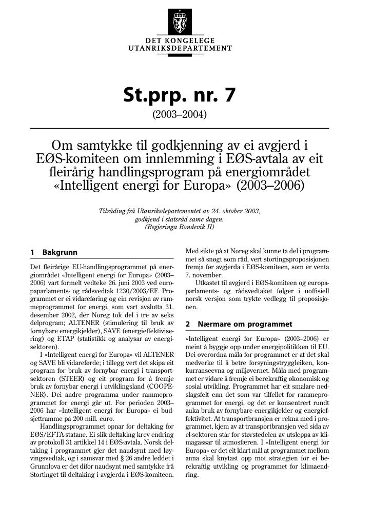 Forsiden av dokumentet St.prp. nr. 7 (2003-2004)