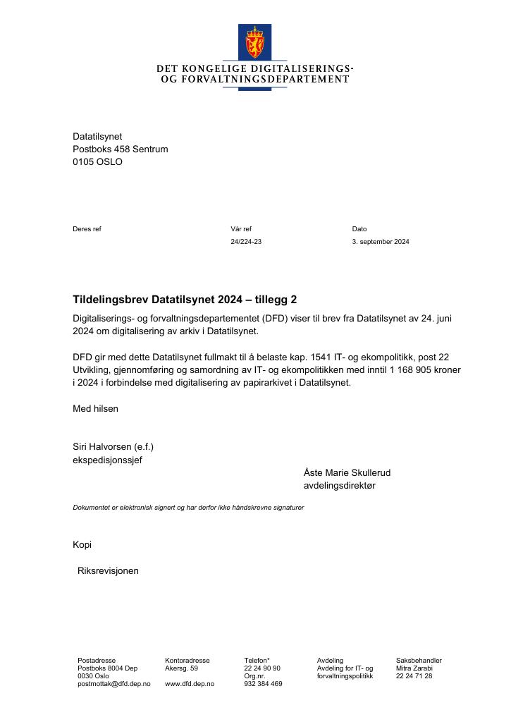 Forsiden av dokumentet Tildelingsbrev Datatilsynet 2024 - tillegg nr. 2